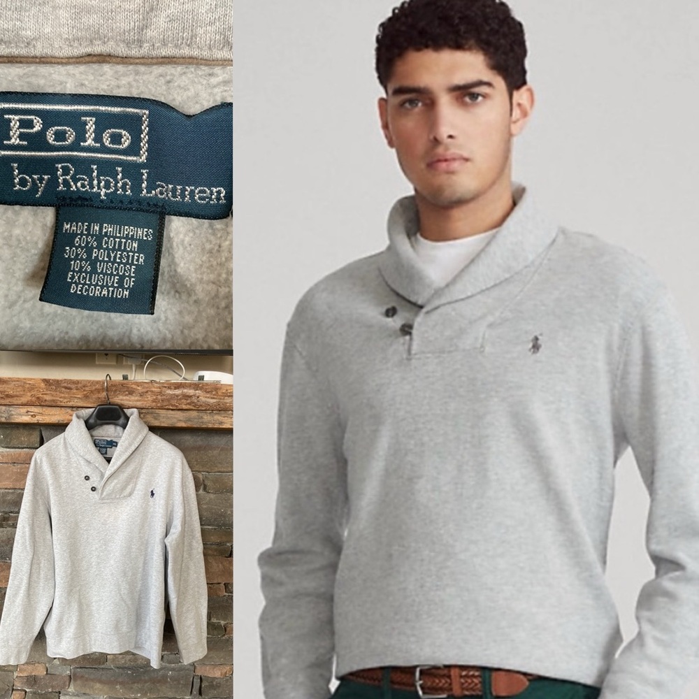 Y2K POLO Ralph Lauren Shawl Collar Pullover Suede Elbow Pads